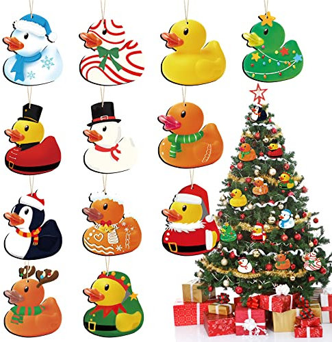 48 Pcs Christmas Wooden Duck Ornament Holiday Duck Tree Xmas Hanging Ornament Santa Snowman Christmas Characters Duckies for Xmas Tree Party Themed Decoration