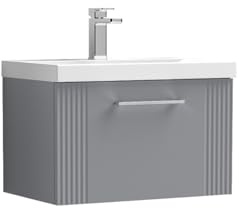 nuie DPF294D Deco Modern Bathroom Wall Hung 1 Drawer Part Fluted Vanity Basin Unit with Thin-Edge Ceramic Basin, 600mm, Satin Grey