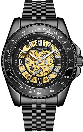 Anthony James Tachymeter Sport-Automatikarmbanduhren für Herren – handmontiert, Wasser- und Kratzfest – Analoguhr mit Schleppzeiger – automatische Skelettuhr – Shwartz