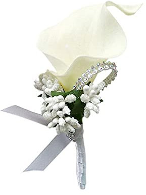 SHTGOI Broche de ramo artificial de flores de lirio de cala con diamantes de imitación, ramillete hecho a mano con pin de seguridad, ramillete de flores, accesorios de boda para novia, novio, blanco