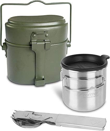 normani Bundeswehr Essgeschirrset Bund Essbesteck + BW Aluminium Kochgeschirr + Feldtasse mit Klappgriffen 500 ml + Trinkdeckel + Flaschenöffner und Dosenöffner Farbe Olive