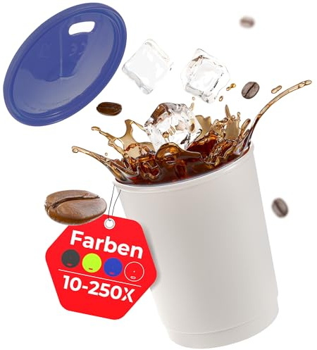 achilles Kaffeebecher mit Deckel, Kunststoffbecher, Mehrwegbecher, Trinkbecher, LFGB geprüft, spülmaschinenfest, stapelbar, 330 ml, Becher grau, Deckel blau, 250 Stk.