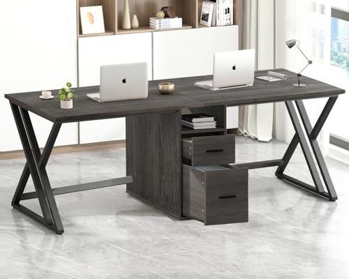 LVB Extra Long 2 Person Desk, Large Rustic Computer Desks with File Drawer, Industrial Wood Double Desk with Storage Cabinet Shelf, Modern PC Writing Study Work Executive Office Desks, Gray, 79 in