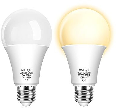 MDLight 12 W E27 LED Leuchtmittel Dämmerungssensor, Lampe mit Dämmerungssensor, Warmweiß 3000 K, automatisches Ein-/Ausschalten für Garage, Flur, Garten, Treppen, 2 Stück