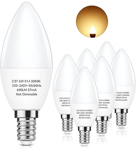 PURSNIC E14 LED Warmweiss, 3000K, 6W E14 LED Kerze ersetzt 60 watt Glühbirne, 600LM C37 E14 LED Kerzen birnen, 240° Abstrahlwinkel, Nicht Dimmbar 6 Stück