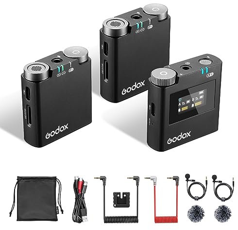 Godox Virso S M2 2, 4 GHz kabelloses Mikrofonsystem (2 TX + 1 RX) für Sony Kamera, Empfänger für Blitzschuhmontage, 200m range, Interne Aufzeichnung, Geräuschunterdrückendes Zweikanal-Lavaliermikrofon
