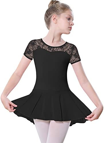 DANSHOW Mädchen Spitze Ballett Trikot für Tanz kurze Ärmel, Wassertropfen hohlen Rücken Gymnastik Trikot Tanzkleidung(5350-06-XL