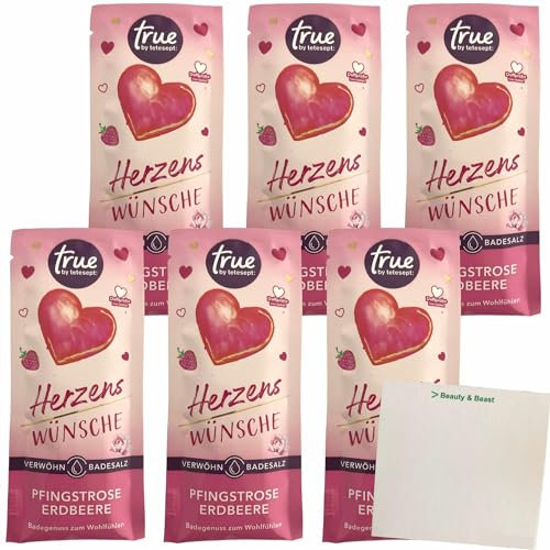 Tetesept Eine Portion Herzenswünsche Pfingstrose-Erdbeere Badesalz 6er Pack (6x50g Packung) + usy Block