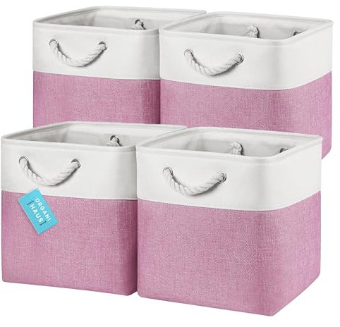 OrganiHaus 30x30 Cube Storage Bins Set of 4, Fabric Cube Baskets for Storage Shelves, Foldable Storage Cubes for Kallax Organizer Cube Bins w Rope Handles, Cubby Bins for Nursery Decor -Pink/White