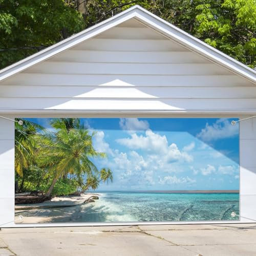 Bannière hawaïenne pour porte de garage, paysage tropical d'été, 1,8 x 4 m, palmier et cocotier, ciel bleu, couverture de porte de garage, décoration de fête d'anniversaire
