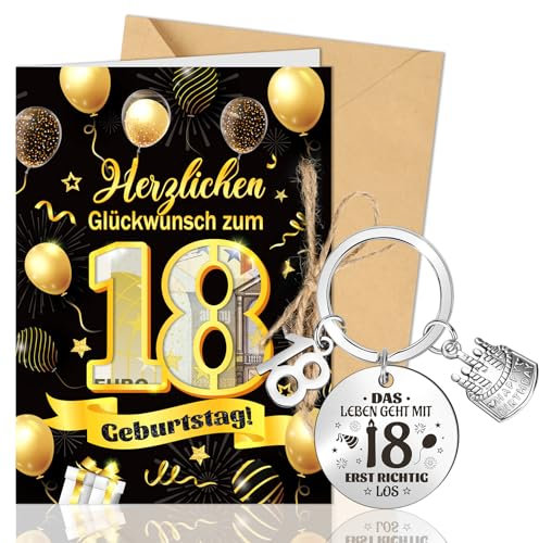 DPKOW 18 Geburtstag Geldgeschenke Verpackung Schwarzes Gold, 18 Geburtstagskarte für Jungen Mädchen, 18 Jahre Schlüsselanhänger Geburtstag Glückwunschkarte, 18 Jahre Geburtstag Grußkarten mit Umschlag