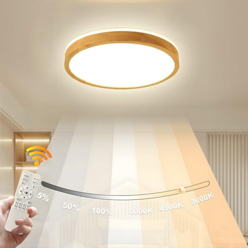 WayLuoung Holz LED Deckenleuchte | Ø40cm 3000-6000K 30W | Runden Oberseite, 360° Leuchtende Natürliche Holzlampe, Schlafzimmer Wohnzimmer Kinderzimmer Küche Esszimmer (Dimmbar Mit Fernbedienung)