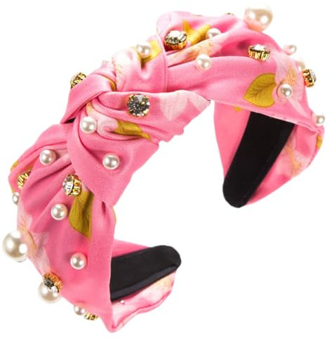 scicent Haarband Damen Vintage Kristall Stirnband Geknotet Elastisch Haarreif Stoff Rutschfest Breite Haarreifen Styling Kopfbedeckung Retro Weihnachten Hochzeit Braut Festival (Rosa) - 27519