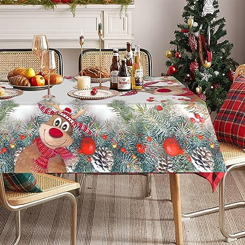 Gebiuhoo Weihnachten Tischdecke 80 x 120cm Elch Fichten Tannenzapfen Rote Beere Weihnachtstischdecke Rechteckige Abwaschbar Esstischdecke Elchen Tischdecke für Party Familienessen Tischdeko