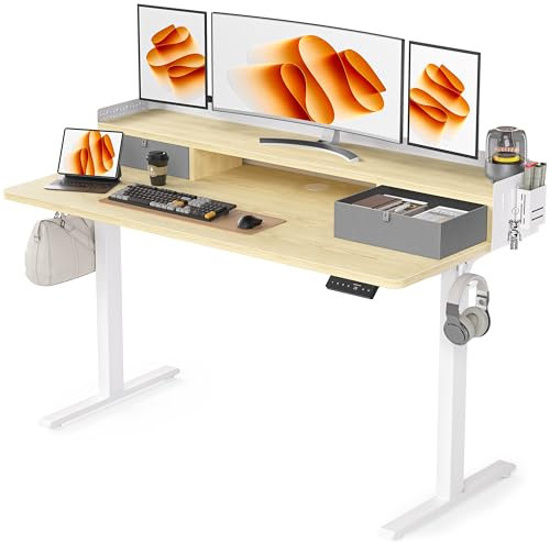 WALKINGDESK Höhenverstellbarer Schreibtisch Elektrisch mit 2 Schubladen, 140x60 cm Stehpult mit Stiftehalter und Kopfhörerhalter, Tisch für Home Office Büro, DIY Pegboard, 4 Haken, Eiche