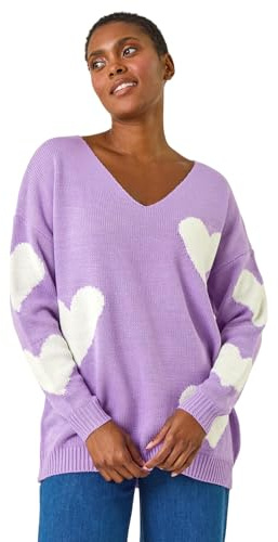 Roman Originals V-Neck Heart Detail Knit Jumper for Women UK - Ladies Everyday Autumn Winter Round Neckline Comfy Soft Evening Vacation Work Party Night Out