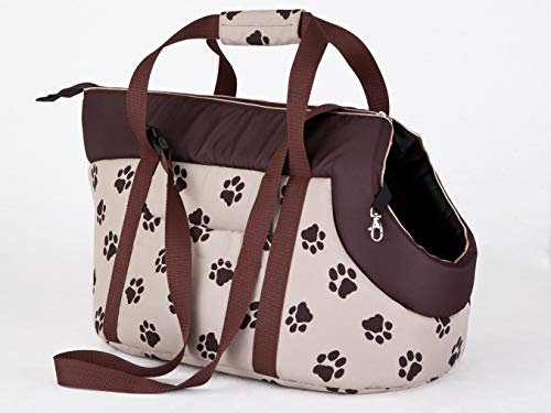 Hundetragetasche – Hundetransporttasche für kleine Hunde und Katzen bis 3 kg - praktische Transporttasche - Hundetasche - 20 x 42 x 22 cm - Beige mit Pfoten