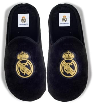 MARPEN SLIPPERS Zapatillas de casa Real Madrid CF Oficiales Temporada 24/25 para Hombre o Mujer, Suela Caucho Diseño Fútbol, Negro y dorado, Talla 46