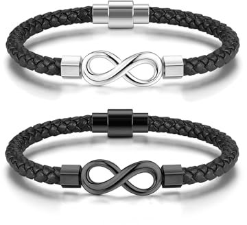 Zysta Bracelet couple infini en acier inoxydable Yin et Yang Bracelets couple à cordes tressées en cuir avec pendentif infini pour petits amis, bracelet rigide, cadeau anniversaire de mariage, 8,3,