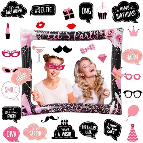 Photo Booth Props Rose Gold - 31 Pcs Birthday Party Selfie Frame Photo Props Funny Diy For Any Age Large Photos Frame Mustache Lips Lipsticks Eyeglasses For Girls Boys Men Women Birthday Selfie Props