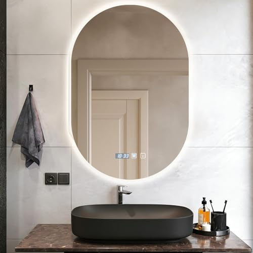 Dibaful 500 x 750 Espejo de Baño con Iluminación Regulable 3000K 4500K 6500K | Tiempo Interruptor Táctil Función Antivaho IP44 Impermeable con Luz para Hotel Hogar Forma de Oval
