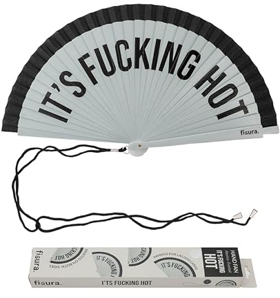 Fisura – Origineller Fächer mit Text „It’s f*cking hot“. Moderner, farbenfroher Handventilator aus wendbarem Holz. Graue und schwarze Töne. Haken inbegriffen. Größe: 42,5 x 23 cm