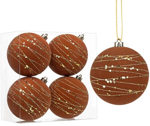 Hollyone Lot de 4 grandes boules de Noël en velours de 10 cm pour décorations de sapin de Noël, décorations à suspendre pour centre de table, mariage, fête, décoration d'arbre de Noël, marron cacao