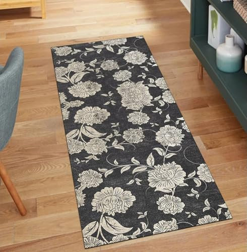 QQrunner Alfombra de pasillo o cocina, antideslizante, color negro, 40 x 120 cm, vintage, por metros, larga, lavable, pasillo, cocina, pasillo, poliéster, salón, alfombra atrapa la suciedad