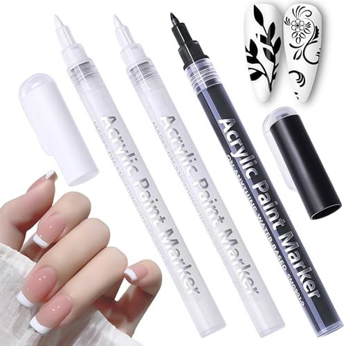 3PCS Fast Drying Fine Tip Nail Art Pens - White Nail Polish French Tip for DIY Decoration, Fine Point Manicure Pens, Quick Dry Formula for Dot & Line, Manicure Stamping Tools (White Black)
