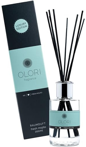 Luxus Raumduft Fresh Mojito Diffuser mit Stäbchen mit ätherischen Ölen - Extra langanhaltende Formel - Deko Raumerfrischer mit Duftstäbchen im edlen Design (200ml, Duft: zitrus, frisch, sommerlich)