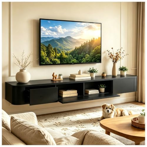 JUNFUNNLE TV Lowboard Hängend 260cm Schwarz, Komplett Vormontierter Schwebender TV Schrank Mit Stauraum, TV Board Zur Wandmontage, Modernes Hänge Lowboard für Wohnzimmer