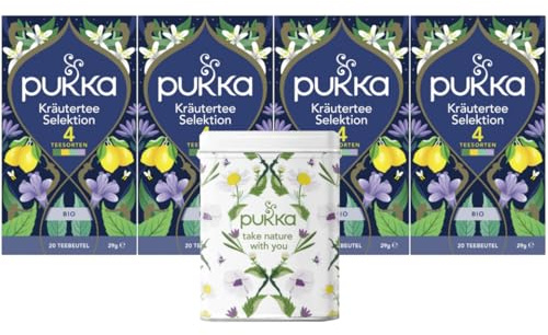 Pukka Tee, Bio-Kräutertee Kräutertee Selektion, 4er Pack, 80 Teebeutel inkl. Pukka Dose