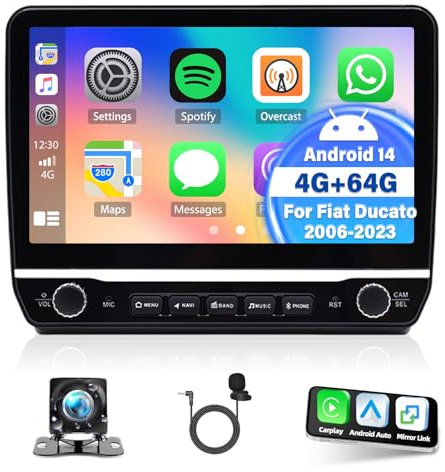 4+64G Android 14 Car Stereo 2Din for Fiat Ducato Peugeot Boxer Citroen Jumper 2006-2023, 10in Touchscreen with carplay Android Auto GPS Navi Bluetooth WiFi FM Backup Camera Mic