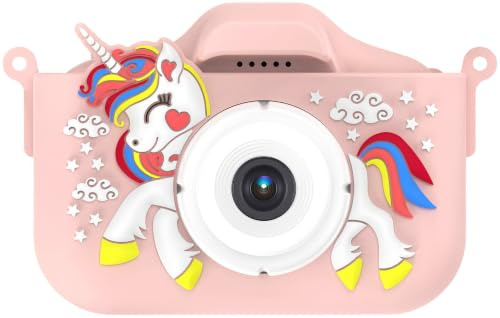 Playtastic Kindercamera: Selfie-Kinderkamera, 2''-IPS-Display, 1080p, USB-C, rosa Einhorn-Hülle (Foto-Kamera, Spiel-Kamera, Kinder)