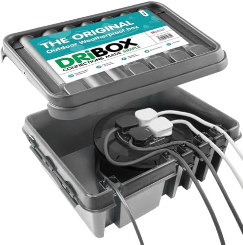 DRiBOX – Large IP55 Weatherproof Outdoor Electrical Connection Box 40 x 31 x 14.5cm – Power Cord Enclosure for Christmas Lights, Timers, Extension Cables, Leads, Reels, Transformers (Large, Grey)
