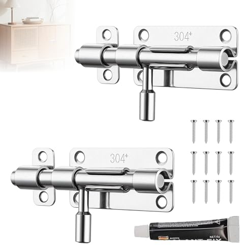 2 Stück Bolzenriegel Riegel Tür mit 12 Schrauben, Türriegel Edelstahl, Verriegelung Schieberiegel Sicherheitstürriegel für Badezimmer Schuppen Schlafzimmer (Edelstahlfarbe)