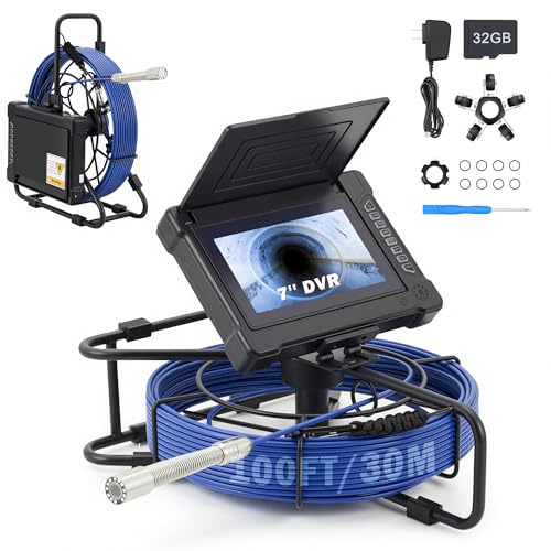 ZELCAN Rohrkamera 7 Inspektionskamera Kanalkamera, 30 m Kabel mit Längenmarkierungen, 12 LED-Leuchten, IP68 Wasserdicht, Wiederaufladbar, Abwasserrohre, Inklusive 32GB SD-Karte