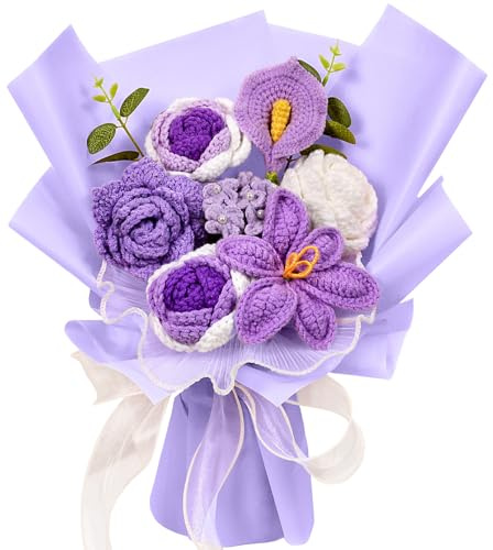 Wishwell Pop Crochet Flower Bouquet, Knitted Rose Tulip Flowers, Purple | Handmade Knitted Flower Gift for Mum, Wife, Friends and Loved Ones on Mother's Day, Valentine's Day, Birthday and Anniversary