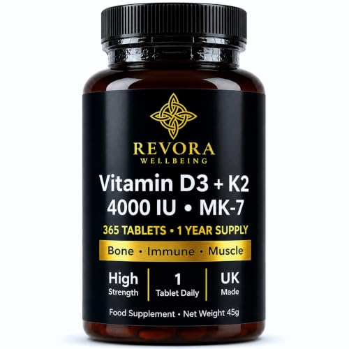Revora Vitamin D3 4000 IU + K2 MK7 100mcg Tablets, 1 Year Supply, 365 Tablets, High Strength Vitamin D3 K2 Supplement for Bone and Immune Support, 1 A Day, UK Made Vegetarian