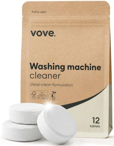 Vove Dishwasher Cleaner Tablets, 12 Count, Descaler for Hard Water | Removes limescale and odour, enzyme and oxygen-powered formula with plant-based softeners, FSC certified kraft pack