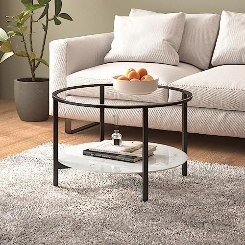 Zeehear Table d'appoint ronde aspect marbre noir et blanc 70 cm en verre trempé avec étagère design moderne pour salon et chambre à coucher
