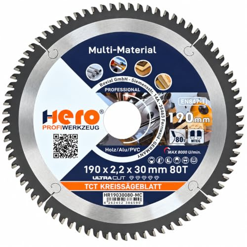 HERO Kreissägeblatt 190 x 30 mm 80 Zähne – Profi Hartmetall TCT Multi Material Sägeblatt für Holz, Laminat, Aluminium, PVC & NE-Metalle – Präzisions Feinschnitt