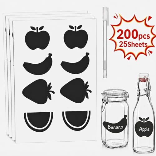 200 Pcs Jam Jar Labels, Sticky Stickers Easy Peel Off, Self Adhesive Labels & Stickers, Storage Boxes for Spice Chutney, Stick On Pantry Covers, Preserve for Water Bottles Kitchen, 1 Marker, Black