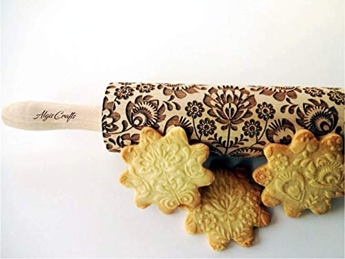 FOLCLORE Mattarello Decorativo per Biscotti | Mattarello Inciso | Rullo per Biscotti e per Modellare | Mattarello Legno Goffrato di Algis Crafts