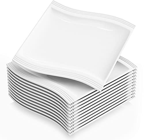 MALACASA Serie Flora 12 Platos Cuadrados de Porcelana, Grandes Platos Blancos 26 cm para Pasta Cena y Bifteck, Platos de Mesa Apto para Microondas y Lavavajillas
