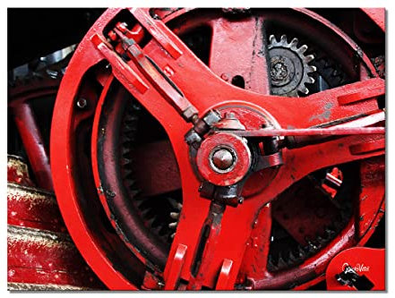 Glücksvilla - Technik 1 - div. Maße (modernes Leinwand-Bild 2 cm, 80 x 60 cm) aus DE - Kunstdruck XXL Deko-Wandbild quer - Dampfmaschine Zahnrad rot schwarz moderne Fotografie