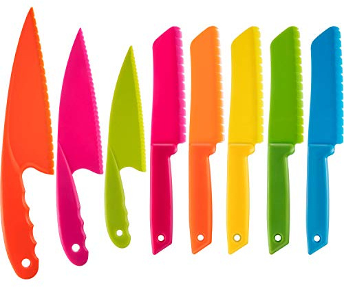 JOVITEC 8 Pcs Kid Cooking Kitchen Knife Set, Plastic Serrated Edges Children's Safe Chef Nylon Knives for Cutting Fruit Bread Cake Salad Lettuce Kids Cooking Supply(Multi Colors Square Knife)