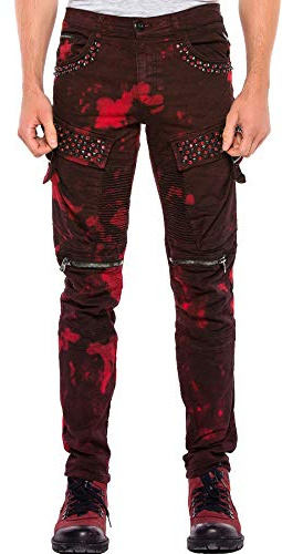 Cipo & Baxx Herren Jeans Hose Ripped Slim Fit Biker Jeans Denim Zipper Nieten Jeans Hose Burgundy W34 L32