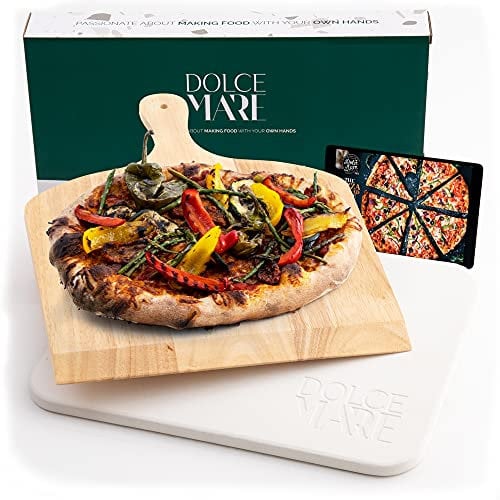 Dolce Mare® Pizza Stone - Piedra para Pizza de Cordierita Horno y la Parrilla - Ladrillo para Pizza crujiente como en el Caso de la Pizza Italiana - Incluye Deslizador para (Beige)
