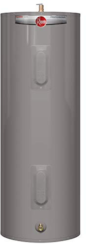 Rheem PROE50 M2 RH95 50-Gallon Professional Classic Medium Residential Electric Water Heater, Gray; Enhanced-flow Brass Drain Valve; 18.75 Amps; Automatic Thermostat; Anode Rod
